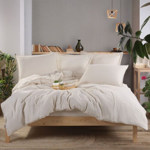 set delux din satin cu husă de pilotă dublă din muselină crem