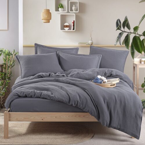 set delux din satin cu husă de pilotă dublă din muselină gri inchis