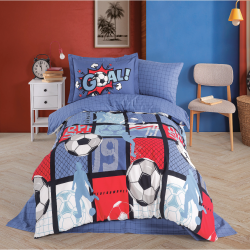 lenjerie de pat 1 persoana bumbac poplin albastra cu minge de fotbal