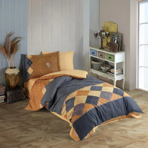 lenjerie de pat 1 persoana bumbac poplin galbena cu romburi