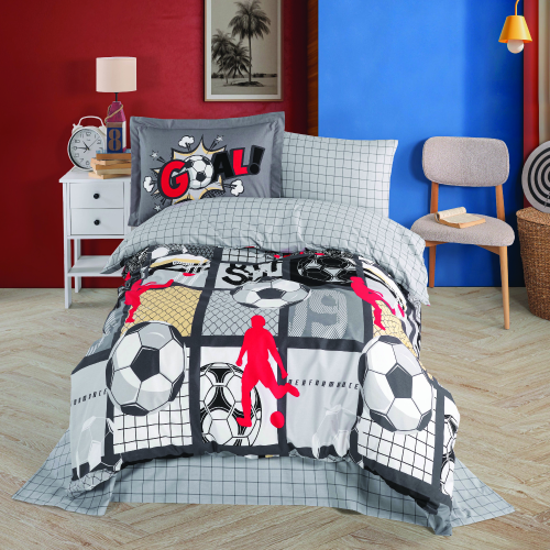 lenjerie de pat 1 persoana bumbac poplin gri cu minge de fotbal