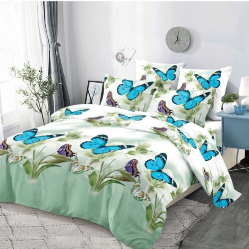 lenjerie de pat finet alba cu fluturi turcoaz