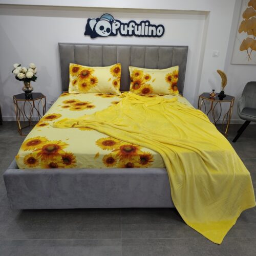 Pachet husa de pat floarea soarelui si patura galben