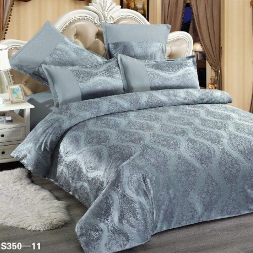 Set Lenjerie de Pat Microfibra Catifelata, Model Jacquard Albastru cu Gri