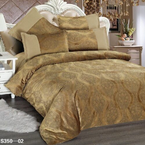 Set Lenjerie de Pat Microfibra Catifelata, Model Jacquard Bej Auriu