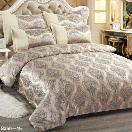 Set Lenjerie de Pat Microfibra Catifelata, Model Jacquard Bej cu Gri (1)