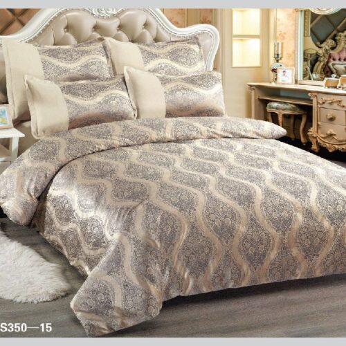 Set Lenjerie de Pat Microfibra Catifelata, Model Jacquard Bej cu Gri