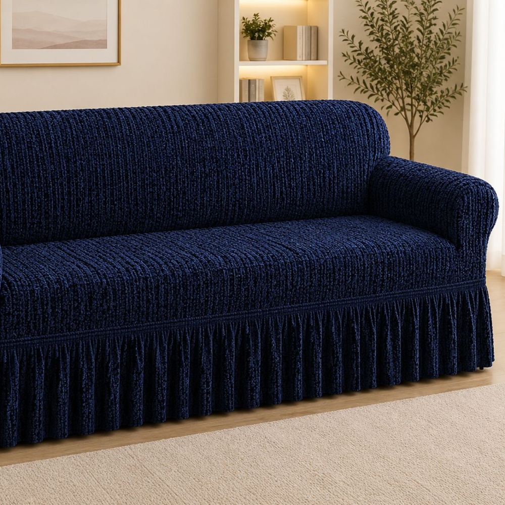 Husa canapea 3 locuri model creponat cu punctulete bleumarin dreapta Husa canapea 3 locuri model creponat cu punctulete bleumarin dreapta