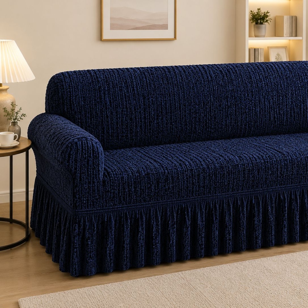 Husa canapea 3 locuri model creponat cu punctulete bleumarin Husa Elastica cu Volan pentru Canapea 3 Locuri, Model Creponat cu Dungi, Bleumarin - PUF240957 - imagine 2