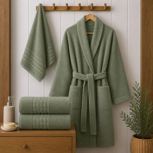 Set halat de baie single cu 4 piese Damla Verde