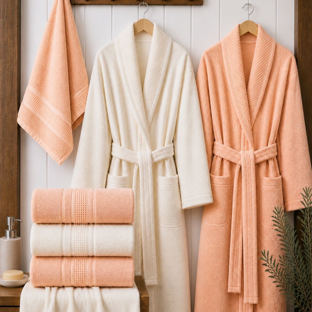 Set halate si prosoape de baie Armina Crem si Piersica Set halate si prosoape de baie Armina Crem si Piersica