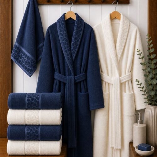 Set halate si prosoape de baie Durul Antik 8 piese Crem si bleumarin