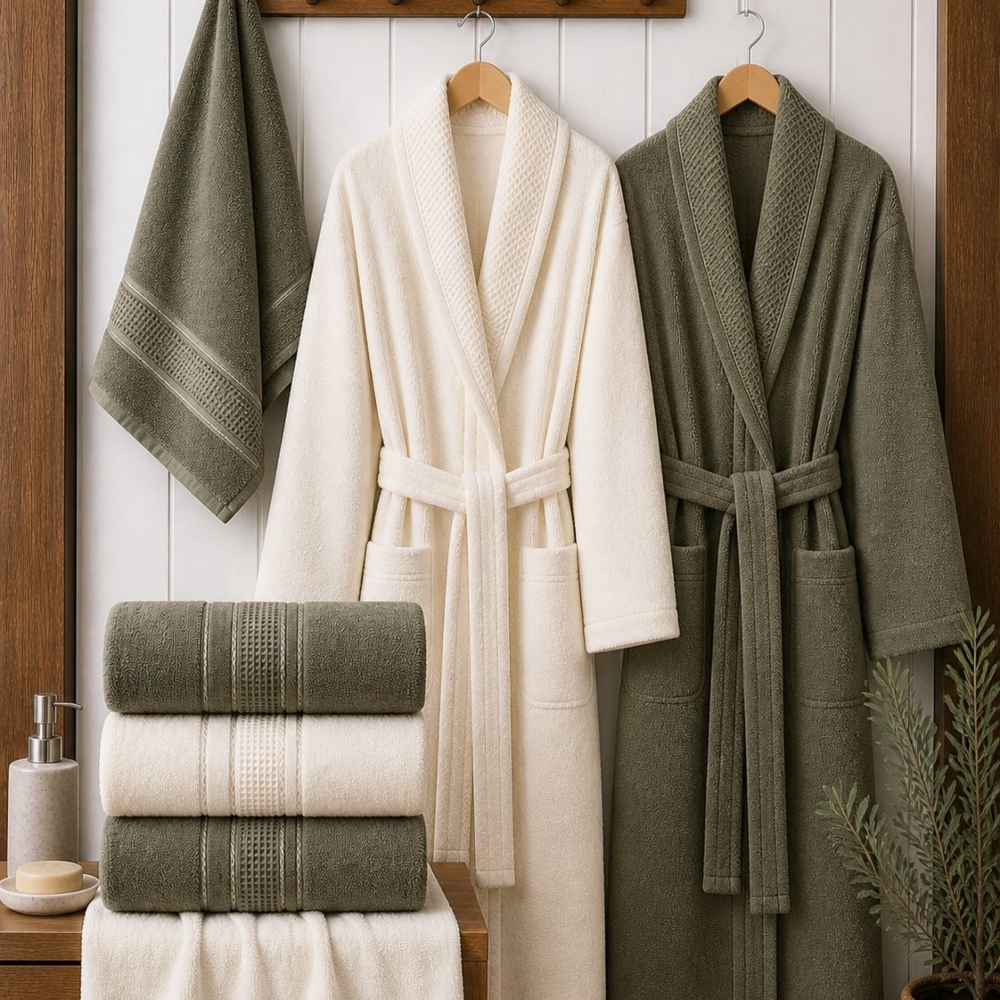 Set halate si prosoape de baie Durul Armina 8 piese Crem si Verde Set halate si prosoape de baie Durul Armina 8 piese Crem si Verde