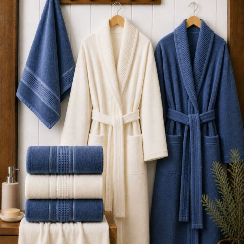 Set halate si prosoape de baie Durul Armina 8 piese Crem si albastru