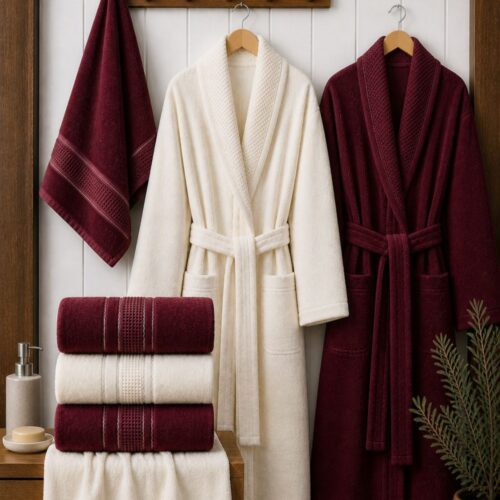 Set halate si prosoape de baie Durul Armina 8 piese Crem si grena