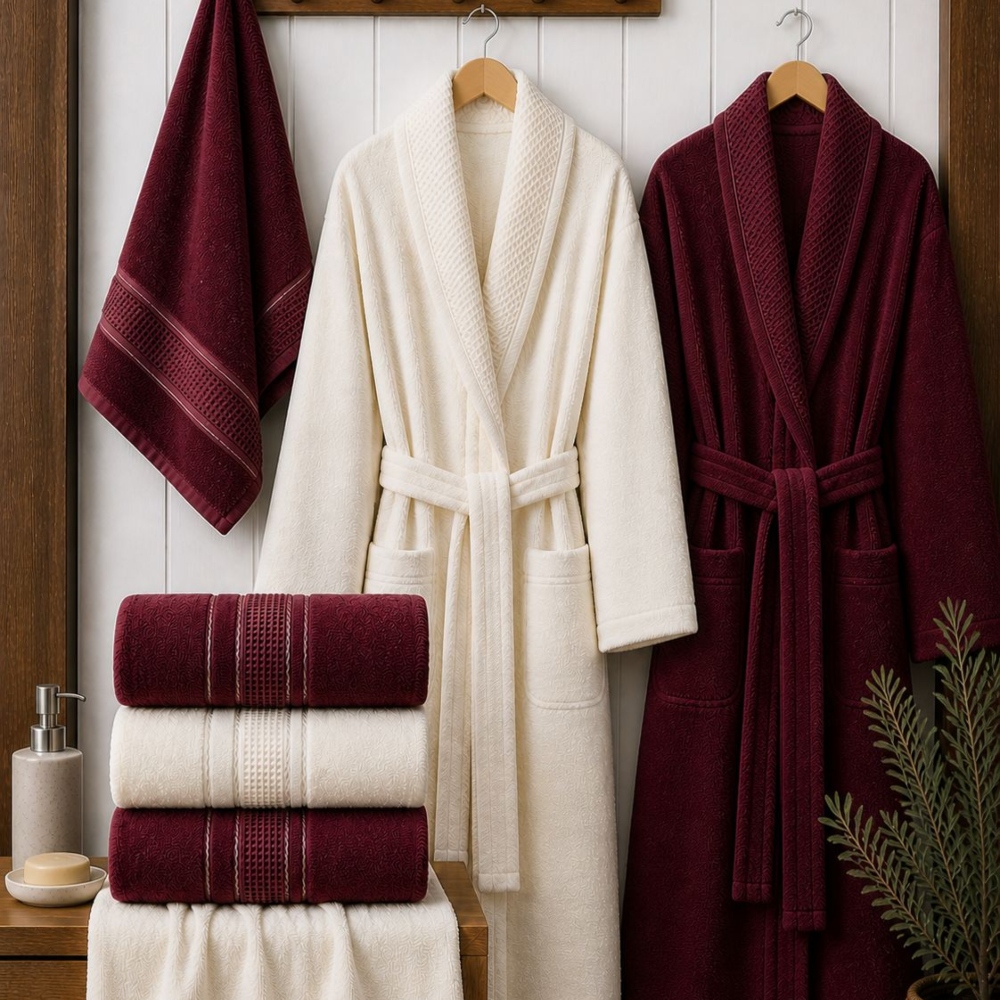 Set halate si prosoape de baie Durul Armina 8 piese Crem si grena Set halate si prosoape de baie Durul Armina 8 piese Crem si grena