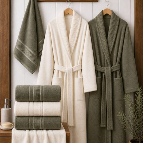 Set halate si prosoape de baie Durul Armina 8 piese Crem si kaki