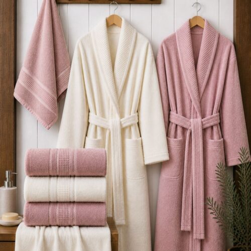 Set halate si prosoape de baie Durul Armina 8 piese Crem si roz pudra