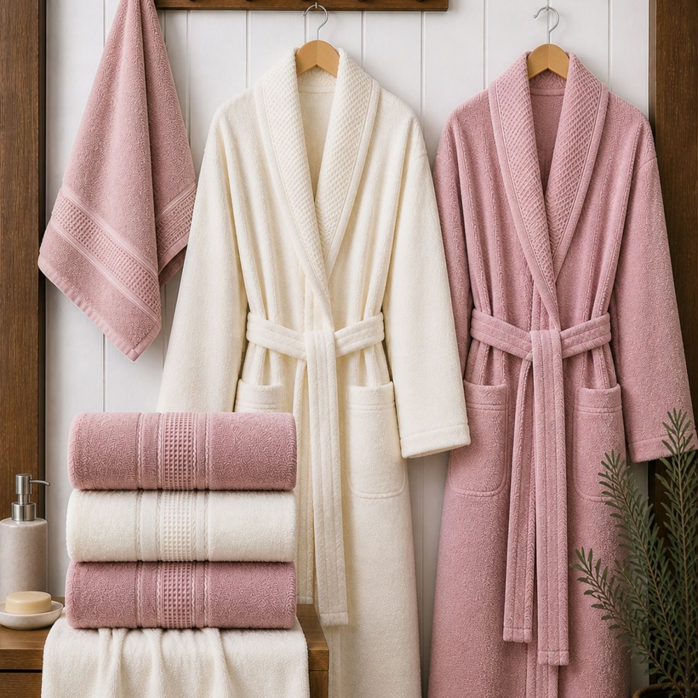 Set halate si prosoape de baie Durul Armina 8 piese Crem si roz pudra Set halate si prosoape de baie Durul Armina 8 piese Crem si roz pudra