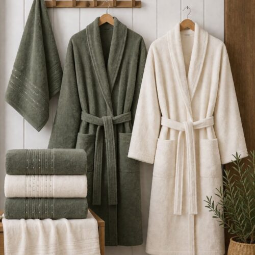 Set halate si prosoape de baie Durul Damla 8 piese Crem si verde