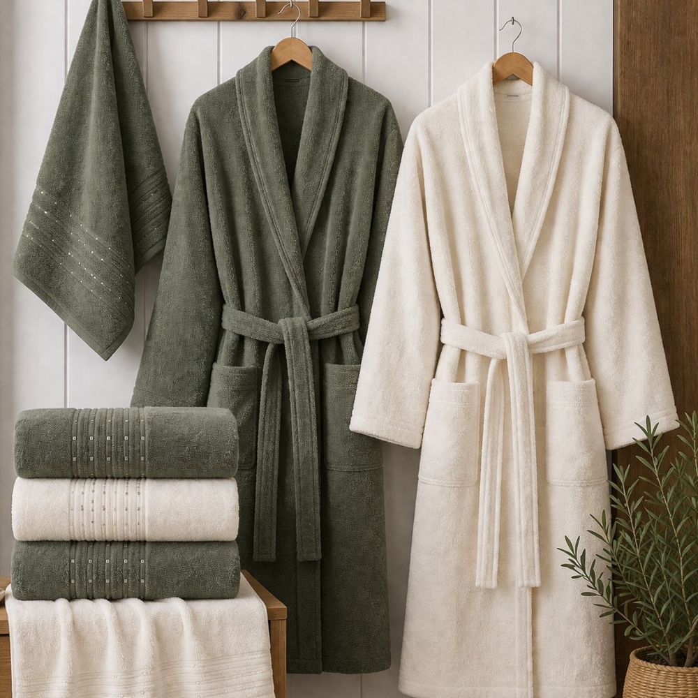 Set halate si prosoape de baie Durul Damla 8 piese Crem si verde Set halate si prosoape de baie Durul Damla 8 piese Crem si verde