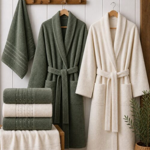 Set halate si prosoape de baie Durul Damla 8 piese Crem si verde kaki