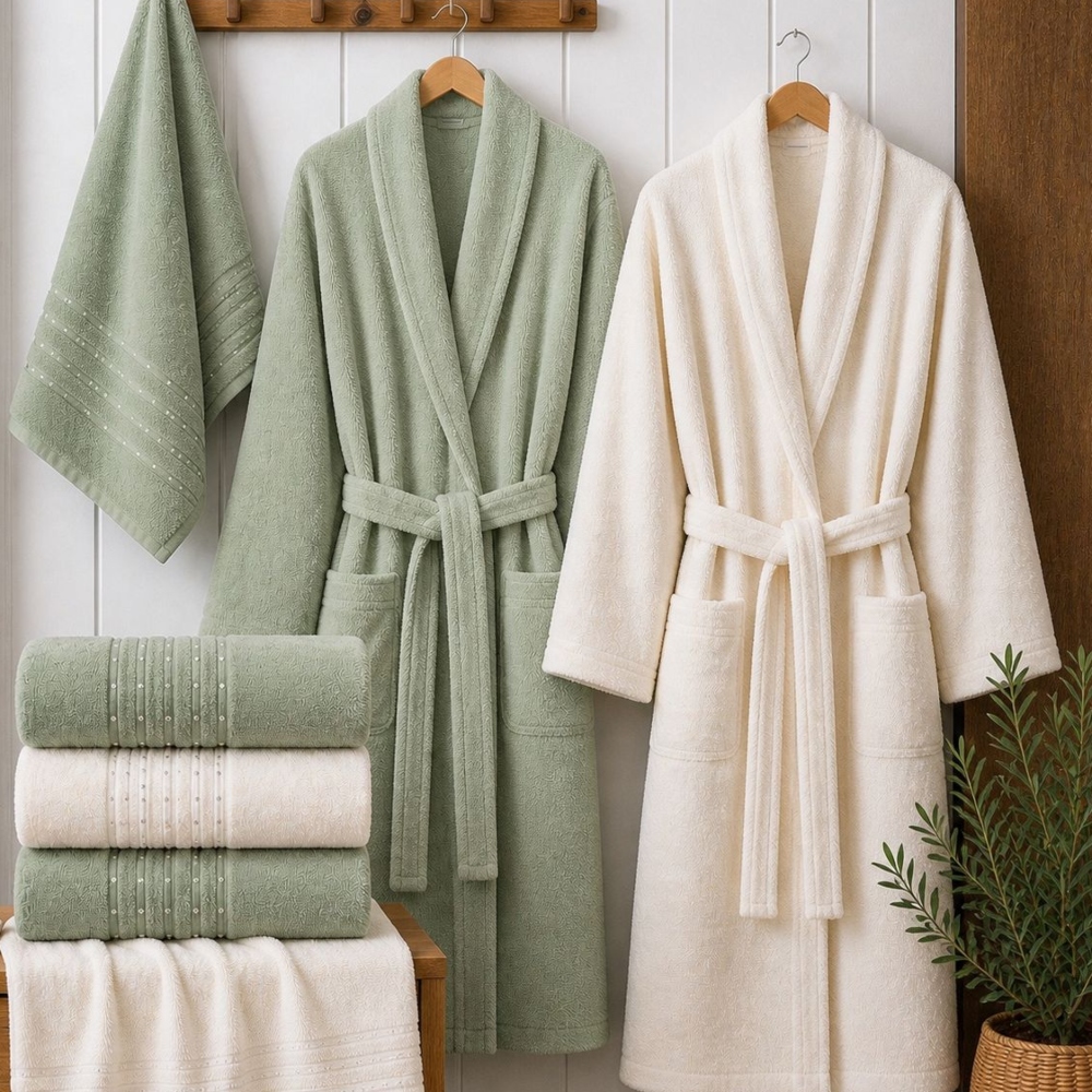 Set halate si prosoape de baie Durul Damla 8 piese Crem si vernil Set Cadou 8 Piese: Halate de Baie + Prosoape din Bumbac 100%, Crem & Vernil - Durul Damla - PUF240856 - imagine 1