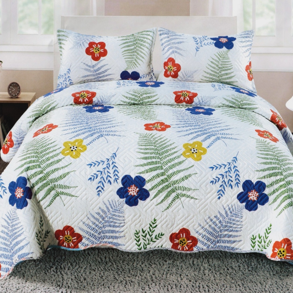 cuvertura de pat alba cu flori multicolore Set Cuvertura de Pat Alba cu Flori Multicolore, 3 Piese, Pat 2 Persoane, 220×240 Cm - Casa Pucioasa - PUF241517 - imagine 1