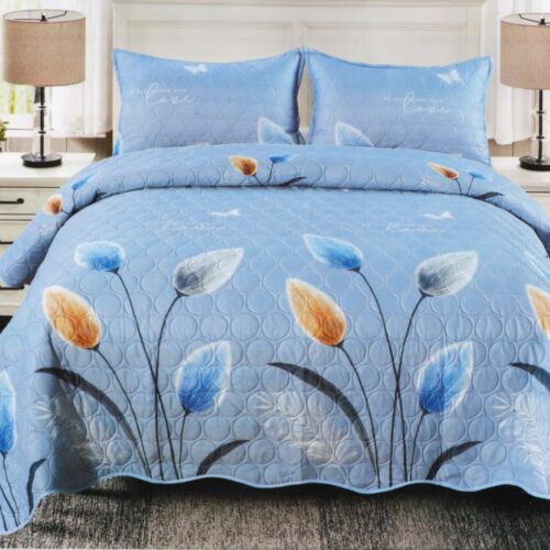 cuvertura de pat bleu cu flori multicolore