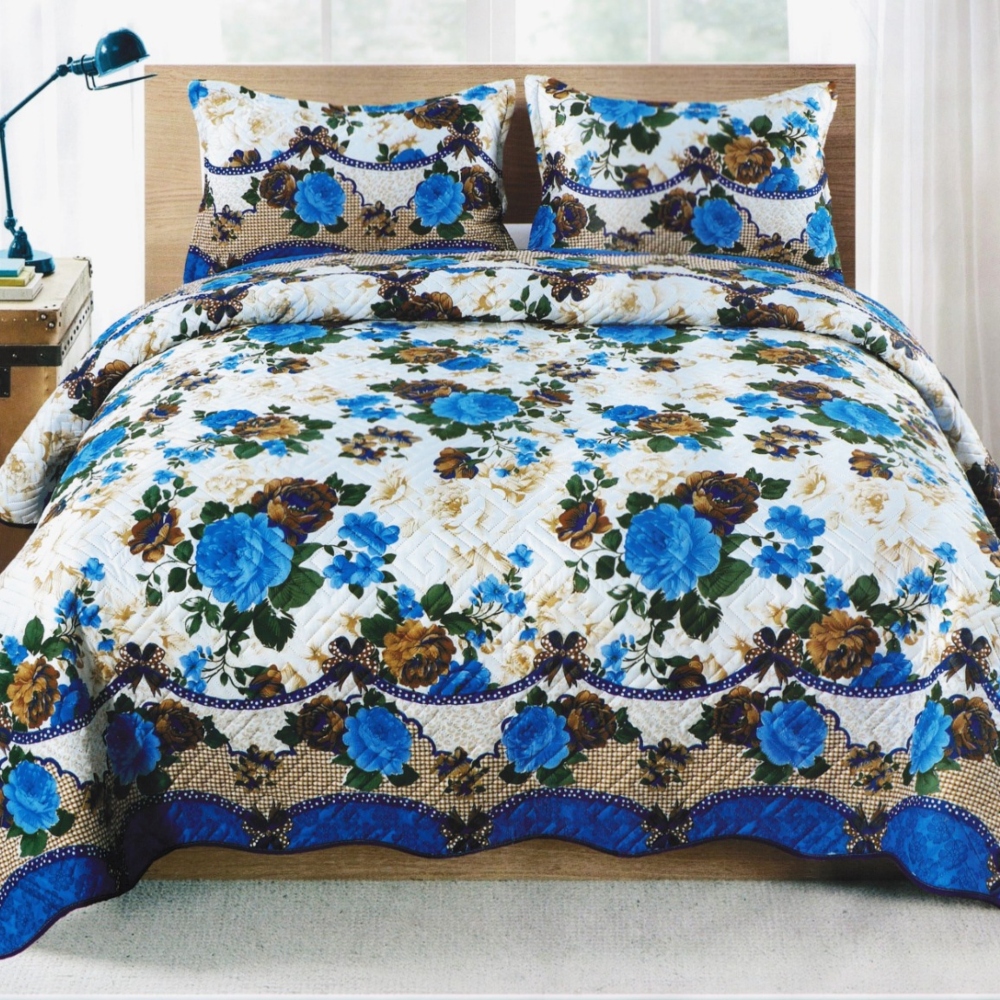 cuvertura de pat cu trandafiri albastri Set Cuvertura de Pat cu Trandafiri Albastri, 3 Piese, Pat 2 Persoane, 220×240 Cm - Casa Pucioasa - PUF241496 - imagine 1