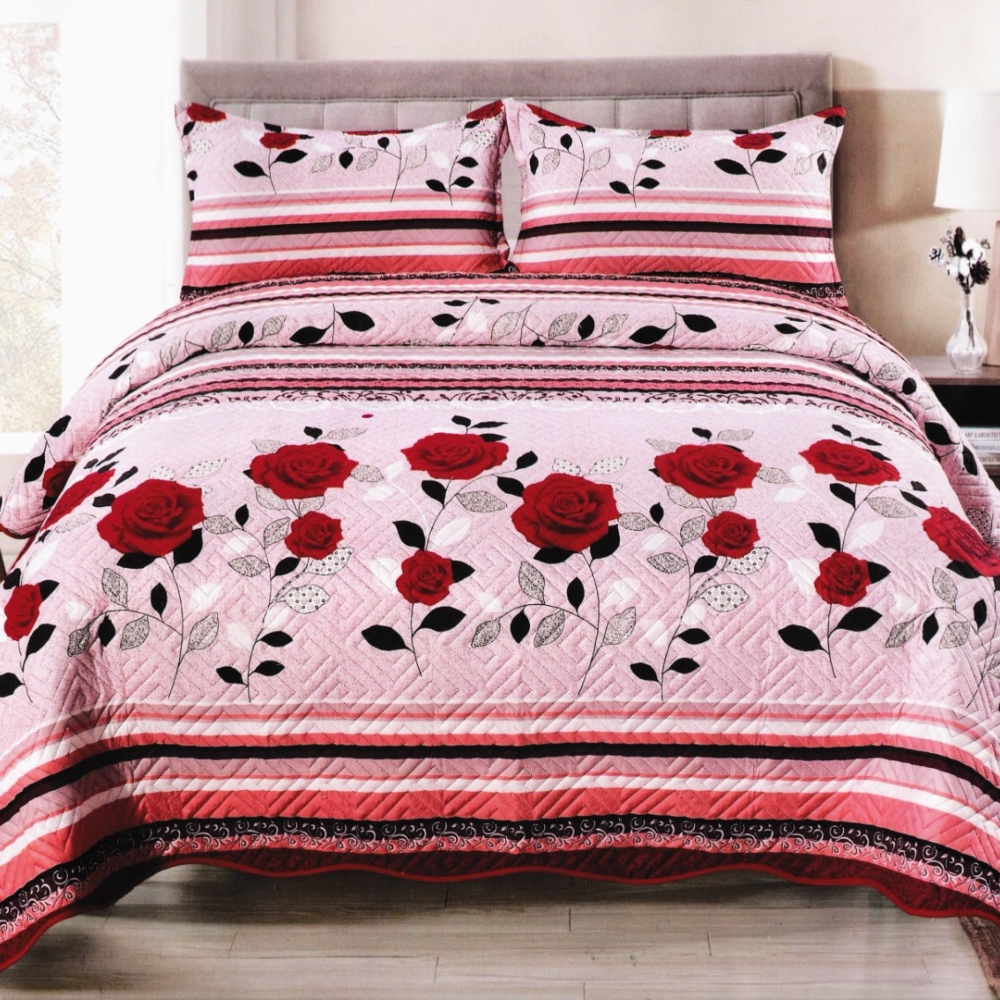 cuvertura de pat cu trandafiri rosii Set Cuvertura de Pat Roz cu Trandafiri Rosii, 3 Piese, Pat 2 Persoane, 220×240 Cm - Casa Pucioasa - PUF241515 - imagine 1