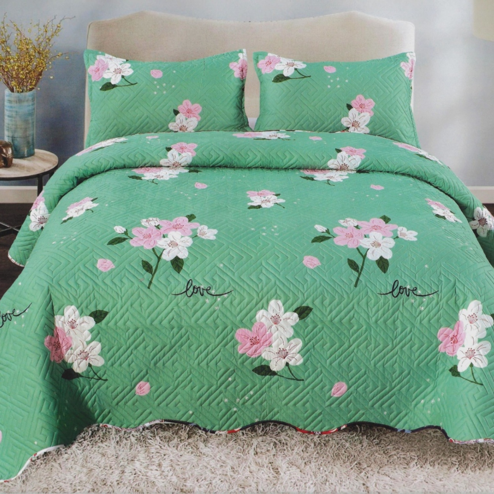 cuvertura de pat verde cu flori Set Cuvertura de Pat Verde cu Flori, 3 Piese, Pat 2 Persoane, 220×240 Cm - Casa Pucioasa - PUF241501 - imagine 1