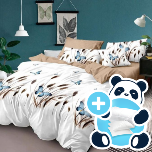 Pachet promotional lenjerie cu pilota si 2 perne model alb cu bej si fluturasi