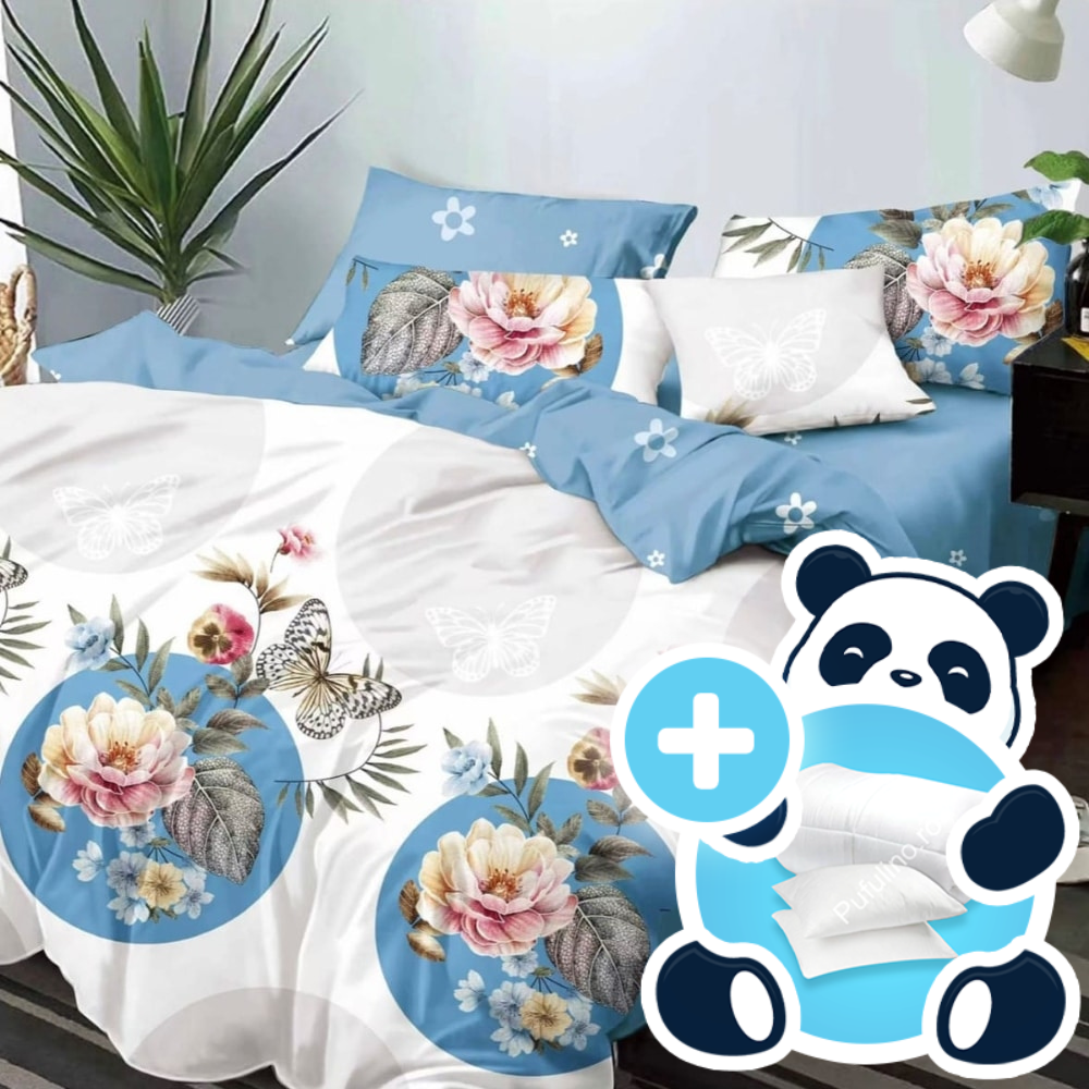 Pachet promotional lenjerie cu pilota si 2 perne model alb cu bleu si trandafiri Pachet promotional lenjerie cu pilota si 2 perne model alb cu bleu si trandafiri
