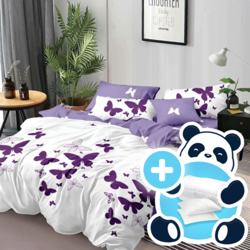 Pachet promotional lenjerie cu pilota si 2 perne model alb cu mov si fluturi