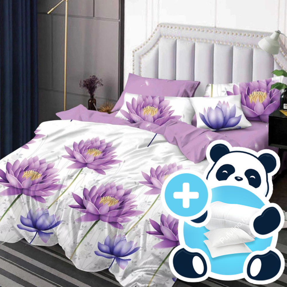 Pachet promotional lenjerie cu pilota si 2 perne model alb cu mov si nuferi Pachet promotional lenjerie cu pilota si 2 perne model alb cu mov si nuferi