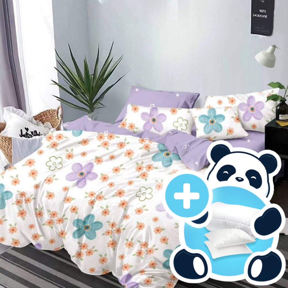 Pachet promotional lenjerie cu pilota si 2 perne model alb si mov cu floricele Pachet promotional lenjerie cu pilota si 2 perne model alb si mov cu floricele