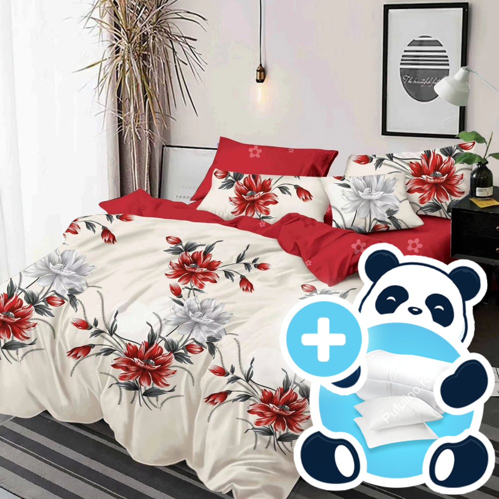 Pachet promotional lenjerie cu pilota si 2 perne model bej si rosu cu flori Pachet promotional lenjerie cu pilota si 2 perne model bej si rosu cu flori