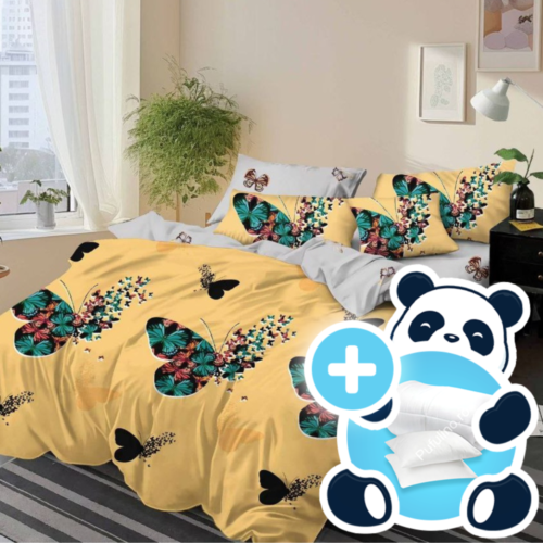 Pachet promotional lenjerie cu pilota si 2 perne model galben cu fluturasi