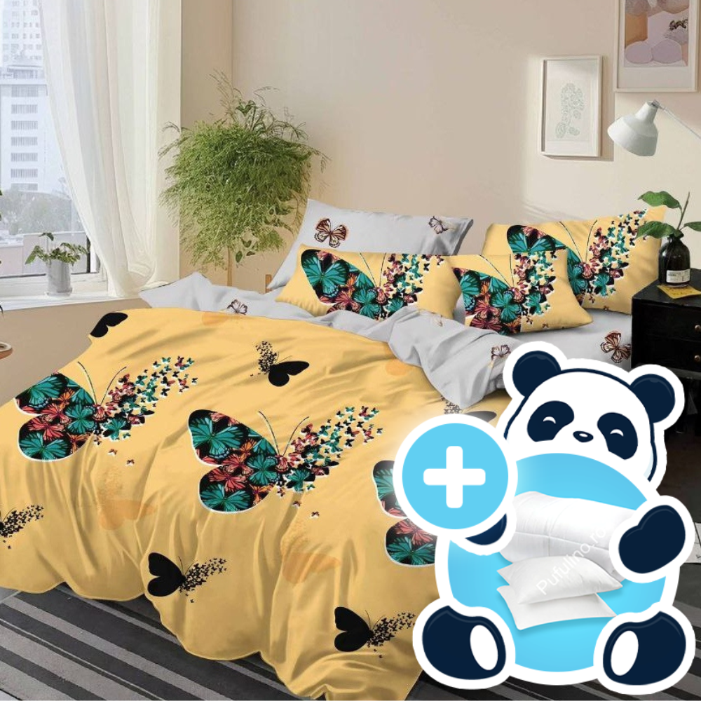 Pachet promotional lenjerie cu pilota si 2 perne model galben cu fluturasi Pachet promotional lenjerie cu pilota si 2 perne model galben cu fluturasi