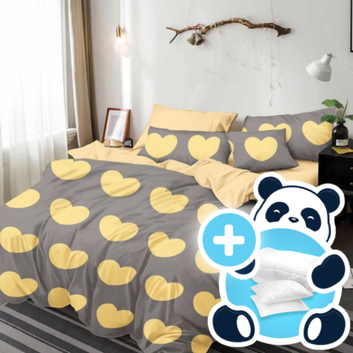 Pachet promotional lenjerie cu pilota si 2 perne model gri cu inimioare galbene