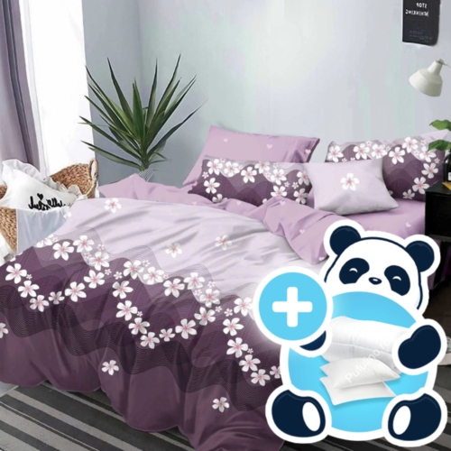 Pachet promotional lenjerie cu pilota si 2 perne model mov cu inimioare