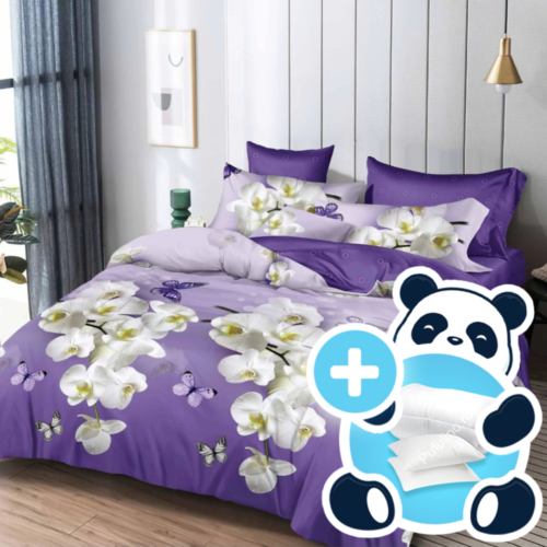 Pachet promotional lenjerie cu pilota si 2 perne model mov cu orhidee