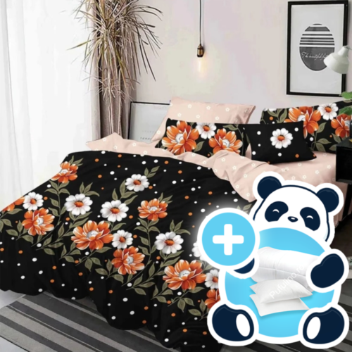 Pachet promotional lenjerie cu pilota si 2 perne model negru cu flori