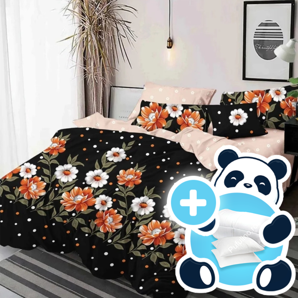 Pachet promotional lenjerie cu pilota si 2 perne model negru cu flori Pachet promotional lenjerie cu pilota si 2 perne model negru cu flori
