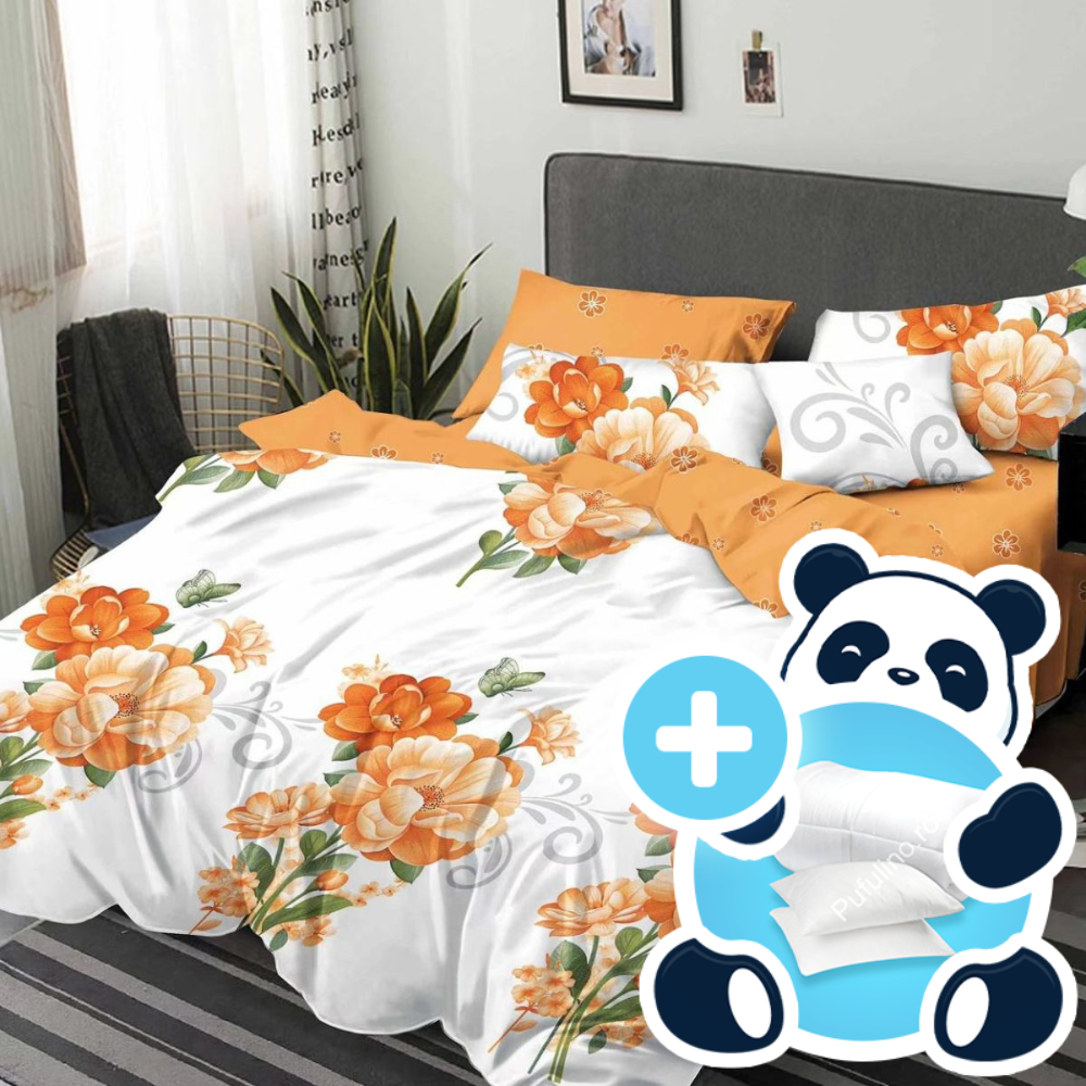 Pachet promotional lenjerie cu pilota si 2 perne model portocaliu cu flori Pachet promotional lenjerie cu pilota si 2 perne model portocaliu cu flori