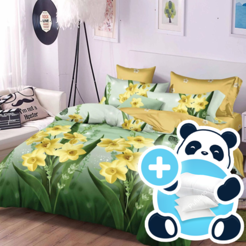 Pachet promotional lenjerie cu pilota si 2 perne model verde cu flori galbene