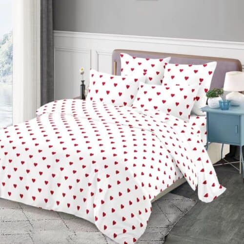 lenjerie de pat material finet alba cu inimioare rosii