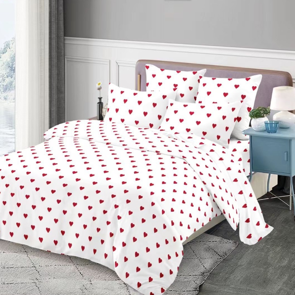lenjerie de pat material finet alba cu inimioare rosii lenjerie de pat material finet alba cu inimioare rosii