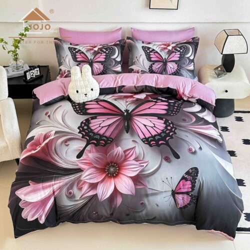 lenjerie de pat material finet cu fluture roz